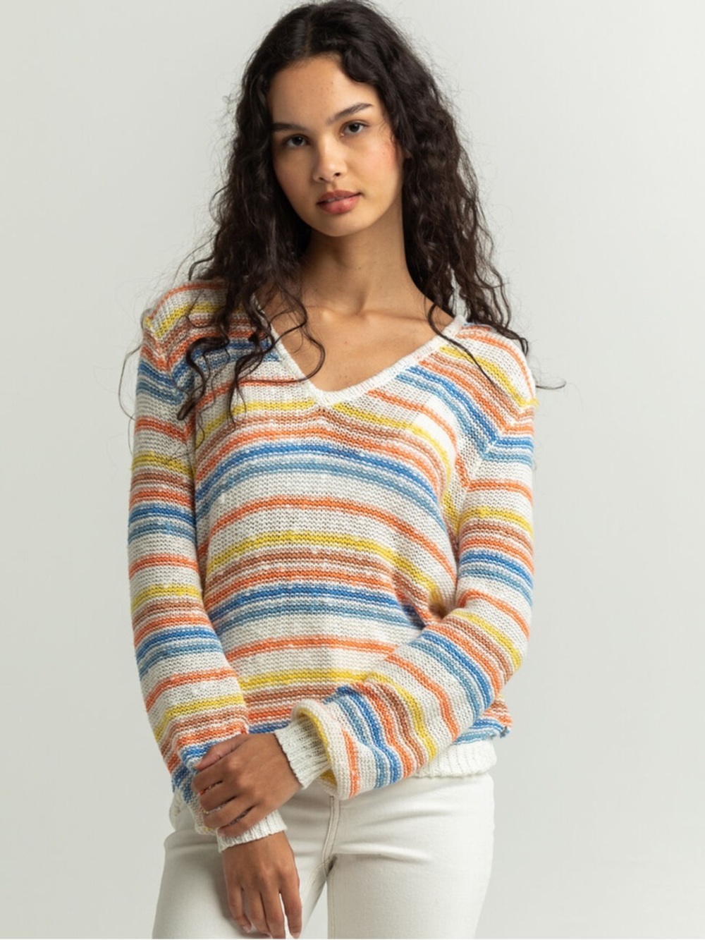 Roxy Striped V-Neck Sweater in Blue, Orange, Yellow & Cream